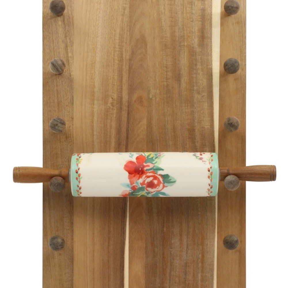 The Pioneer Woman Painted Meadows 24”x14” Ceramic Rolling Pin with holder. New!